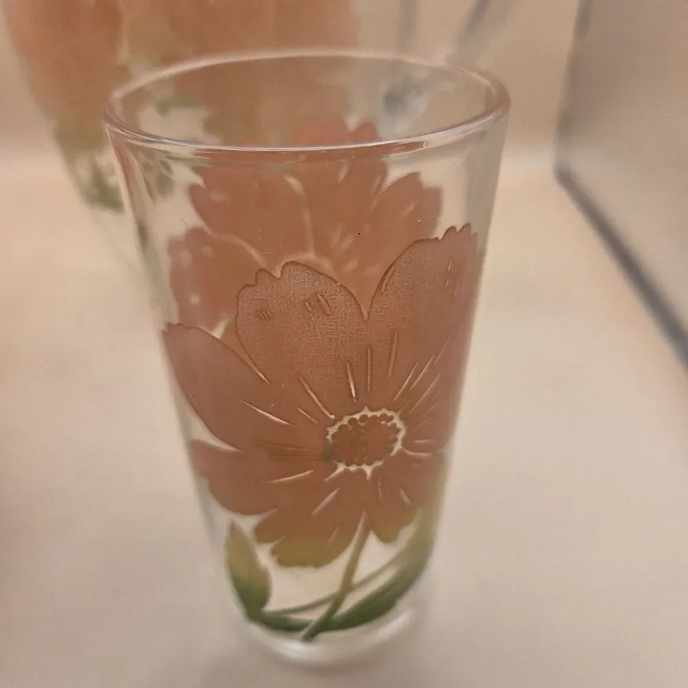Clear Glass 1 Qt Pitcher & 3 Tumblers 4pc Set Orange Green Floral MCM Decor